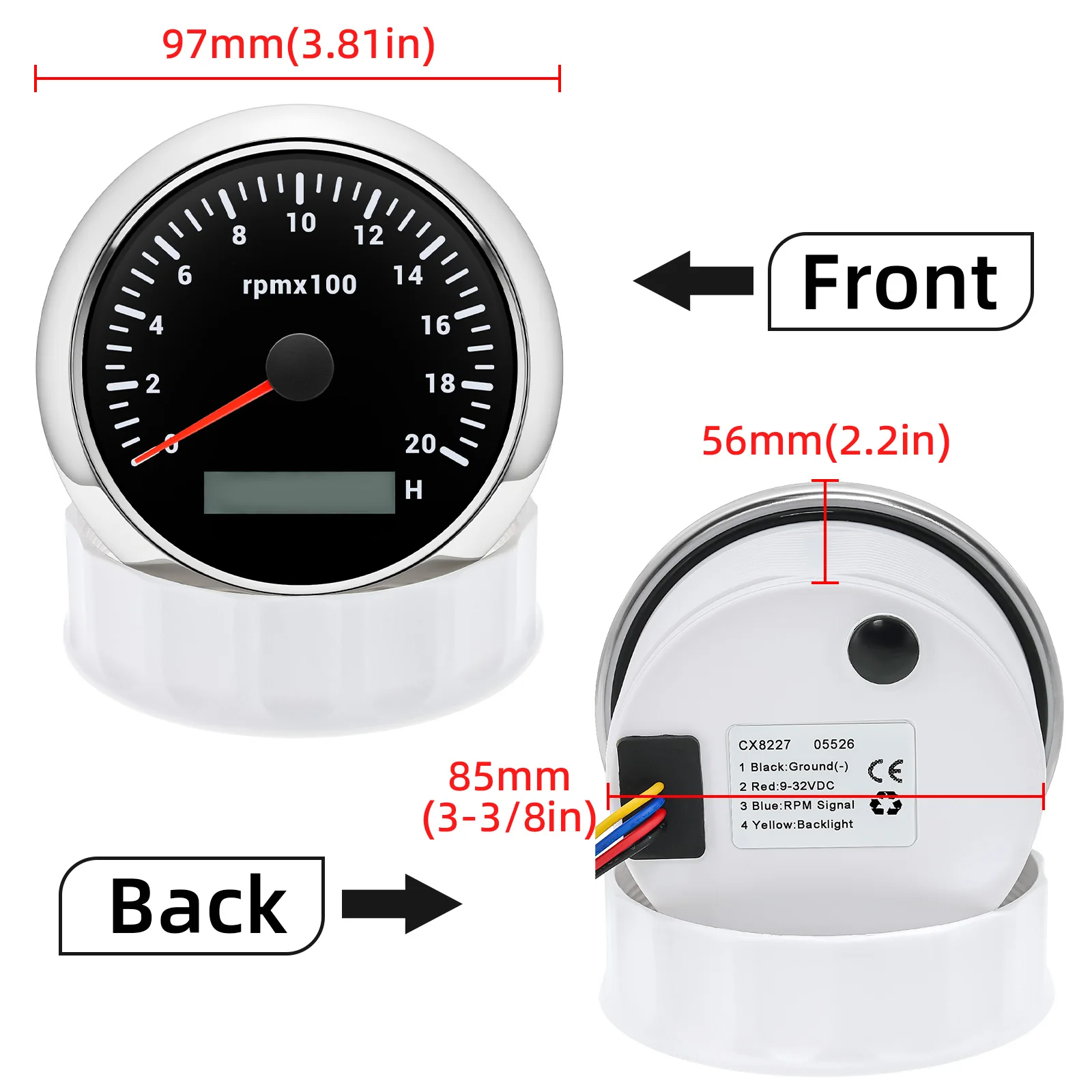 0~2000RPM 85MM Tachometer with Hourmeter 7 Color Light RPM Meter Gauge for Auto Car Boat Yacht RV Camper Waterproof IP67 12V24V
