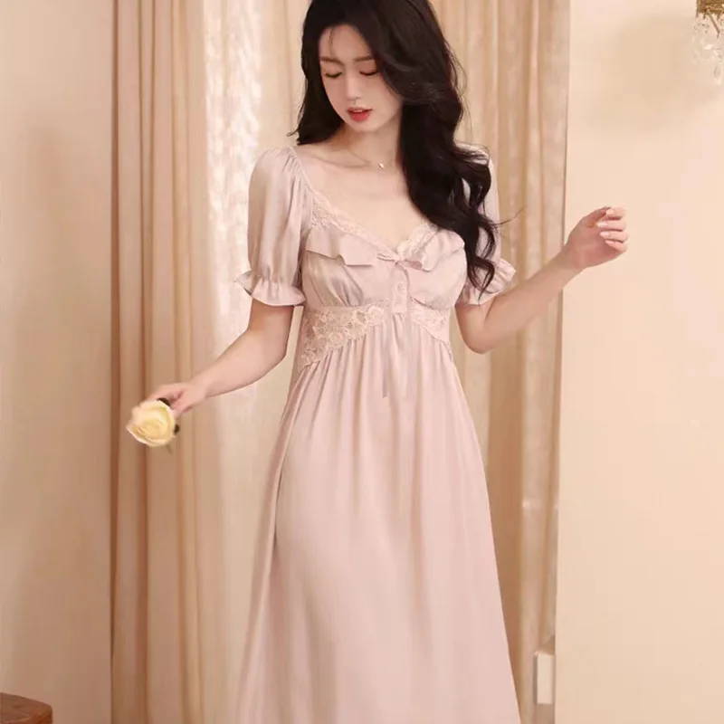 Women's Sexy Square Neck Long Nightgown Silk Satin Home Dress Lace Edge Solid Color Chemise Nightdress Loose Casual Sleepwear