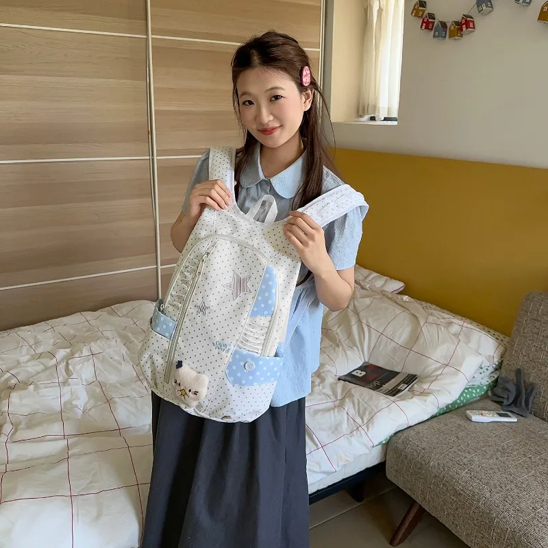 Star Embroidered Dot Backpack Middle High School Students Large Capacity Schoolbag with Multiple Pockets Daily Commuter Bag