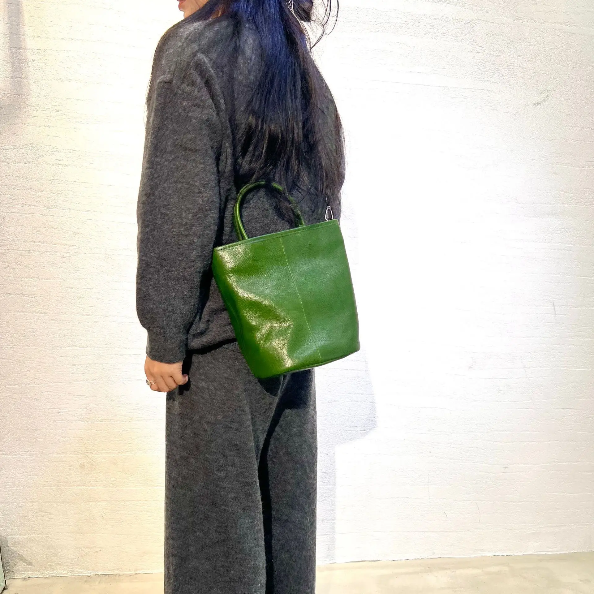 

Genuine Leather Women's Bag Green Top-grain Vegetable-tanned Cowhide Handbag Bucket Single-shoulder Crossbody Bag Tote