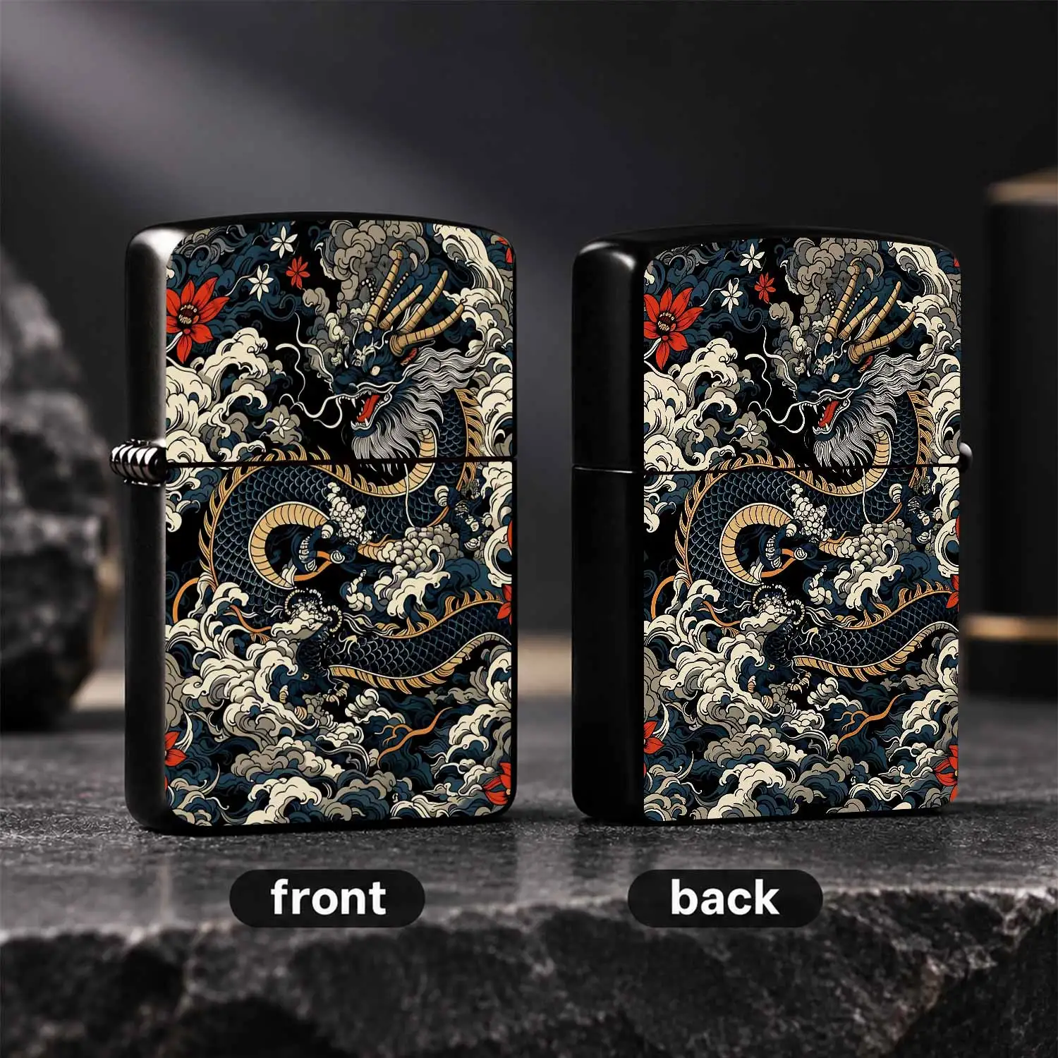 Vintage Ukiyo-eDragon Lighter, Exquisite Cloud Wave Red Floral Art Print, Portable All-purpose Ignition Tool, Smooth Trendy Daily Carry, Ideal Present for Home Outdoor Multi-scene Use, Chic Collectible Gift for Art Lover A Humorous And Inte