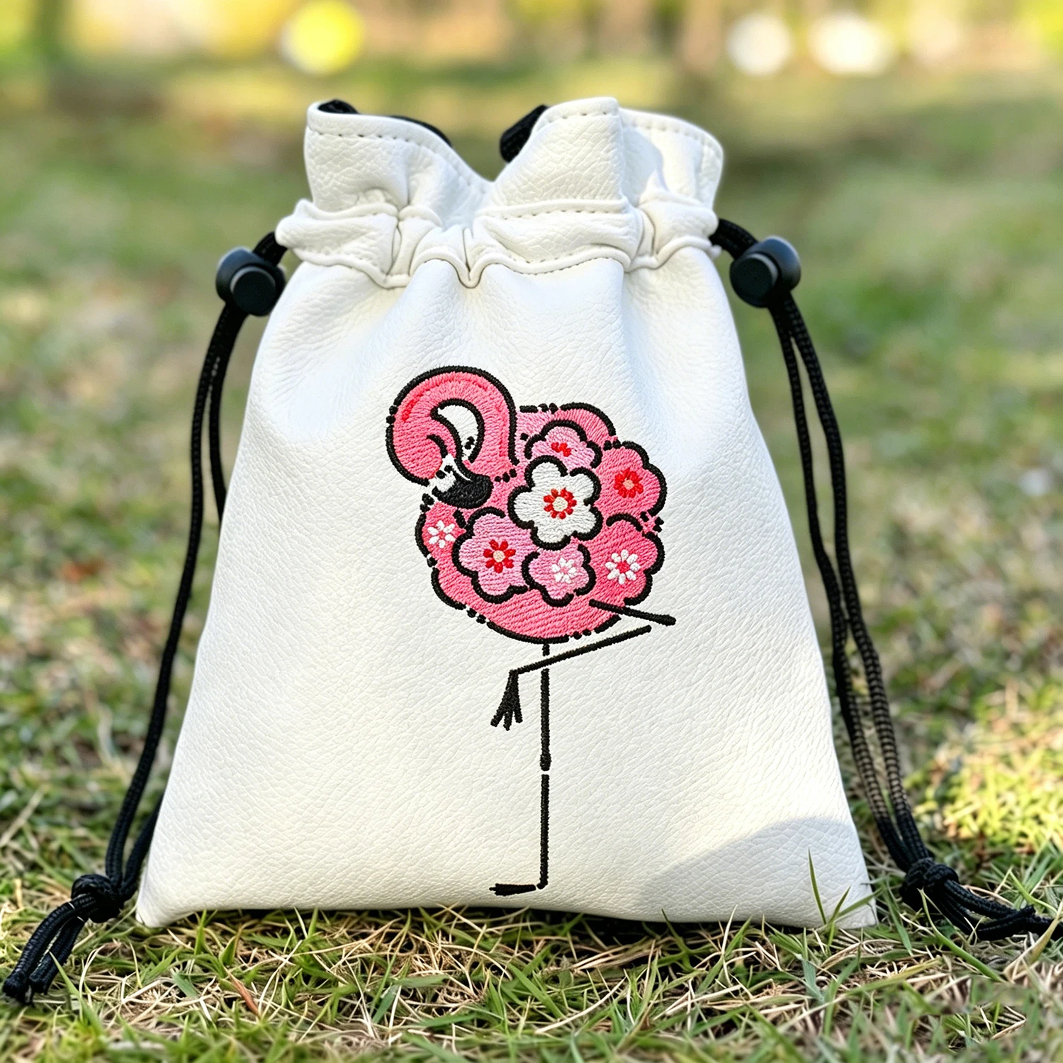 1PC Golf Drawstring Pouch Bag, Flamingo Floral Embroidery Pattern, White Golf Valuables Storage Pouch Golf Accessory