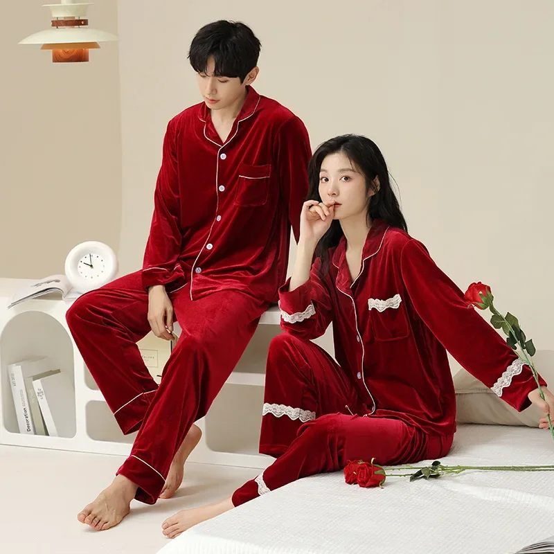 

New Couple Pajamas for Women Spring Autumn Winter Gold Velvet Red Bridal Wedding Home Suit Set for Men and Women Set