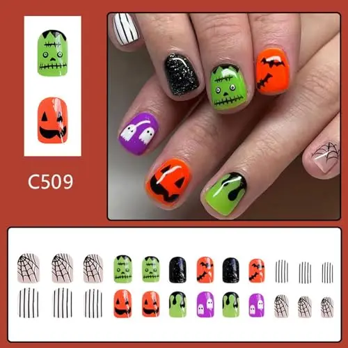 Halloween Short Square Cute Little Monster Face False Nails Black and White Bat Ghost Spider Web False Nails for Women Girls