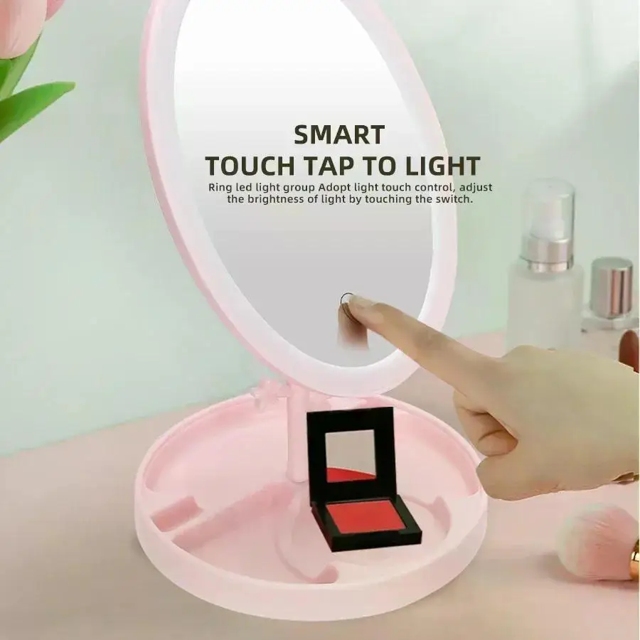 D2 LED Makeup Mirror With Light Lamp With Storage Desktop Rotating Cosmetic Mirror Light Adjustable Dimming USB Vanity Mirror