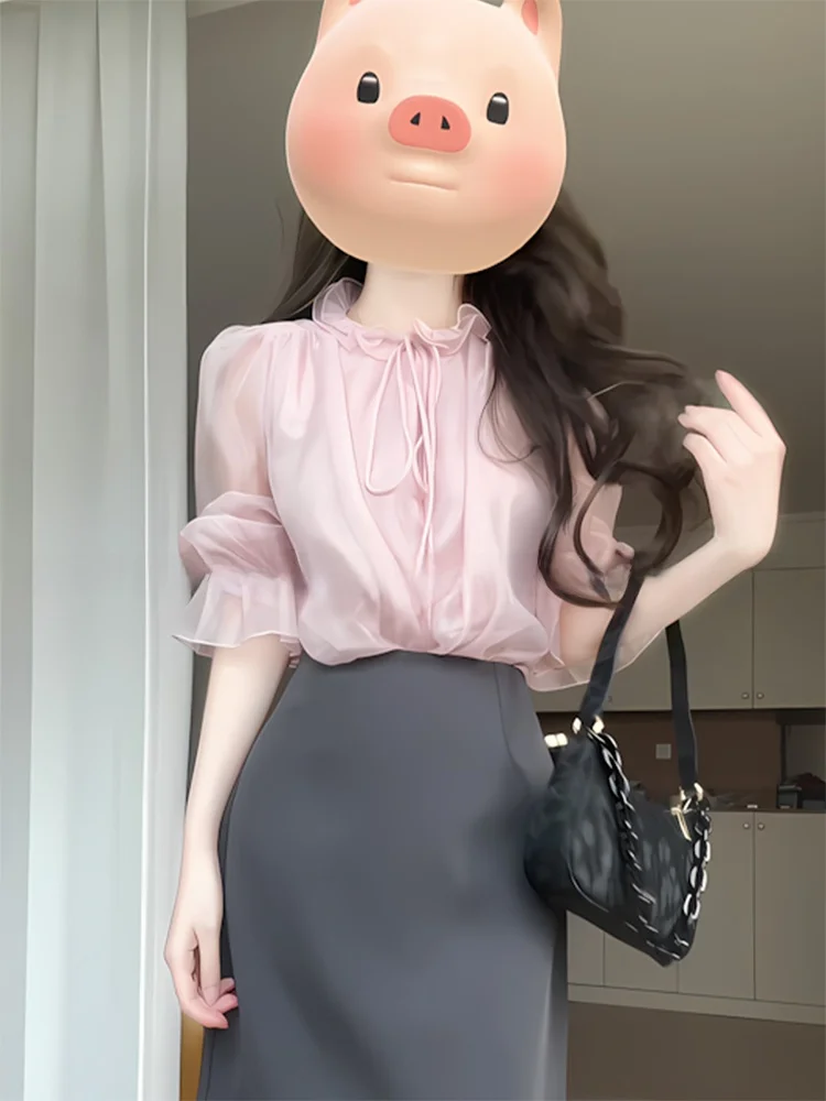 قميص أنيق بياقة مستديرة وأكمام طويلة، بلوزة وردية بحاشية دانتيل للعمل، مريحة للبشرة وقابلة للتنفس، قصة مستقيمة بأكمام منتفخة،...