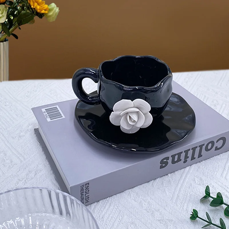 3D Petal Coffee Mug Creative Hand-pinched White Rose Cups and Saucers Home Afternoon Tea Ceramic Mug Three-dimensional Mug