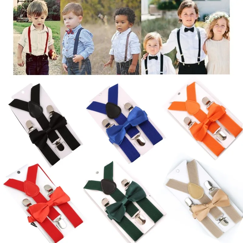 สีทึบเด็กเข็มขัด Bowtie ชุดเด็กทารกเด็กหญิง Suspenders Clip-on Y-Back Braces Bow Tie เด็กปรับ