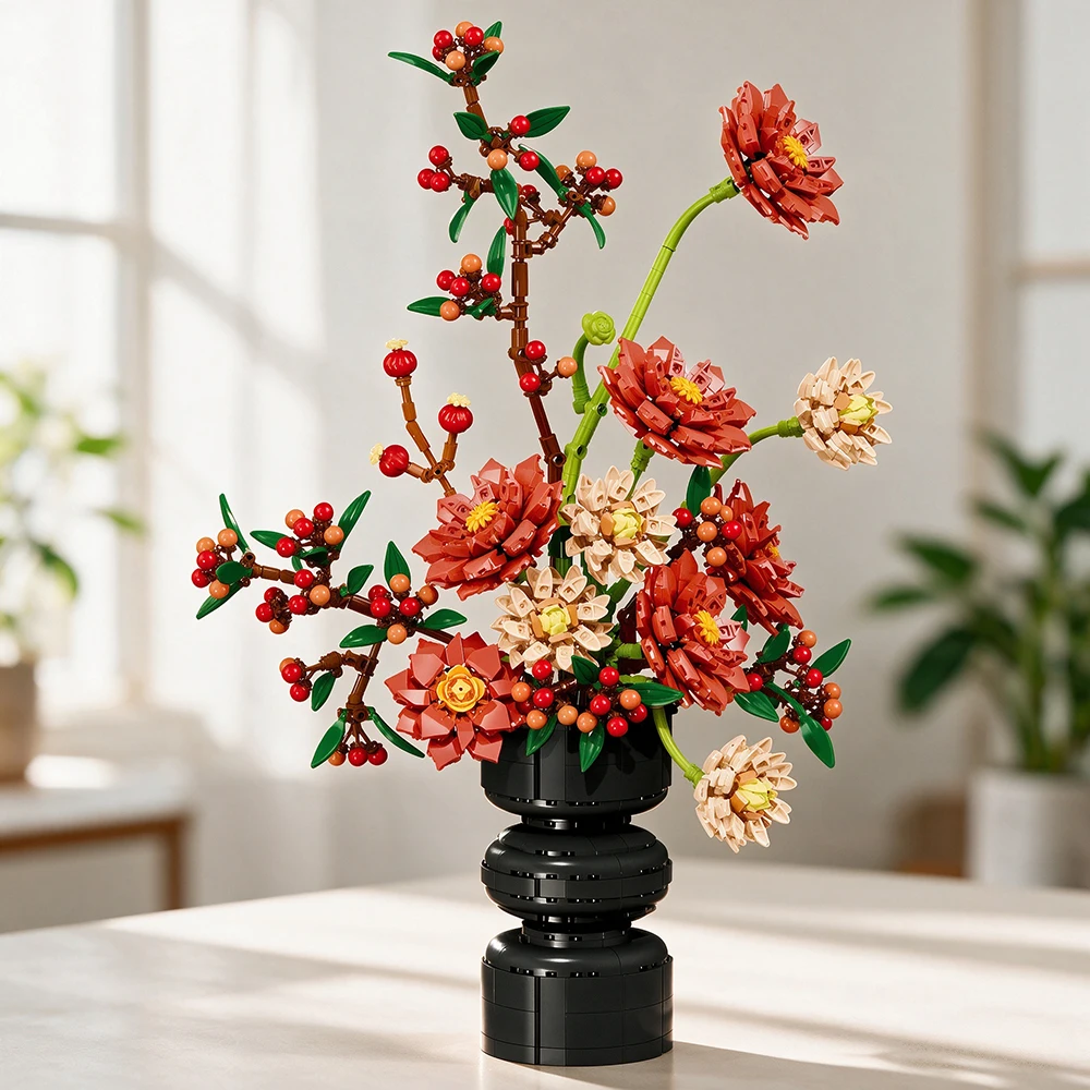 Blocs de construction créatifs en forme de fleurs de dahlia et de chrysanthème, fleurs éternelles Morandi, plantes en pot, briques décoratives, jouets, cadeau de la Saint-Valentin