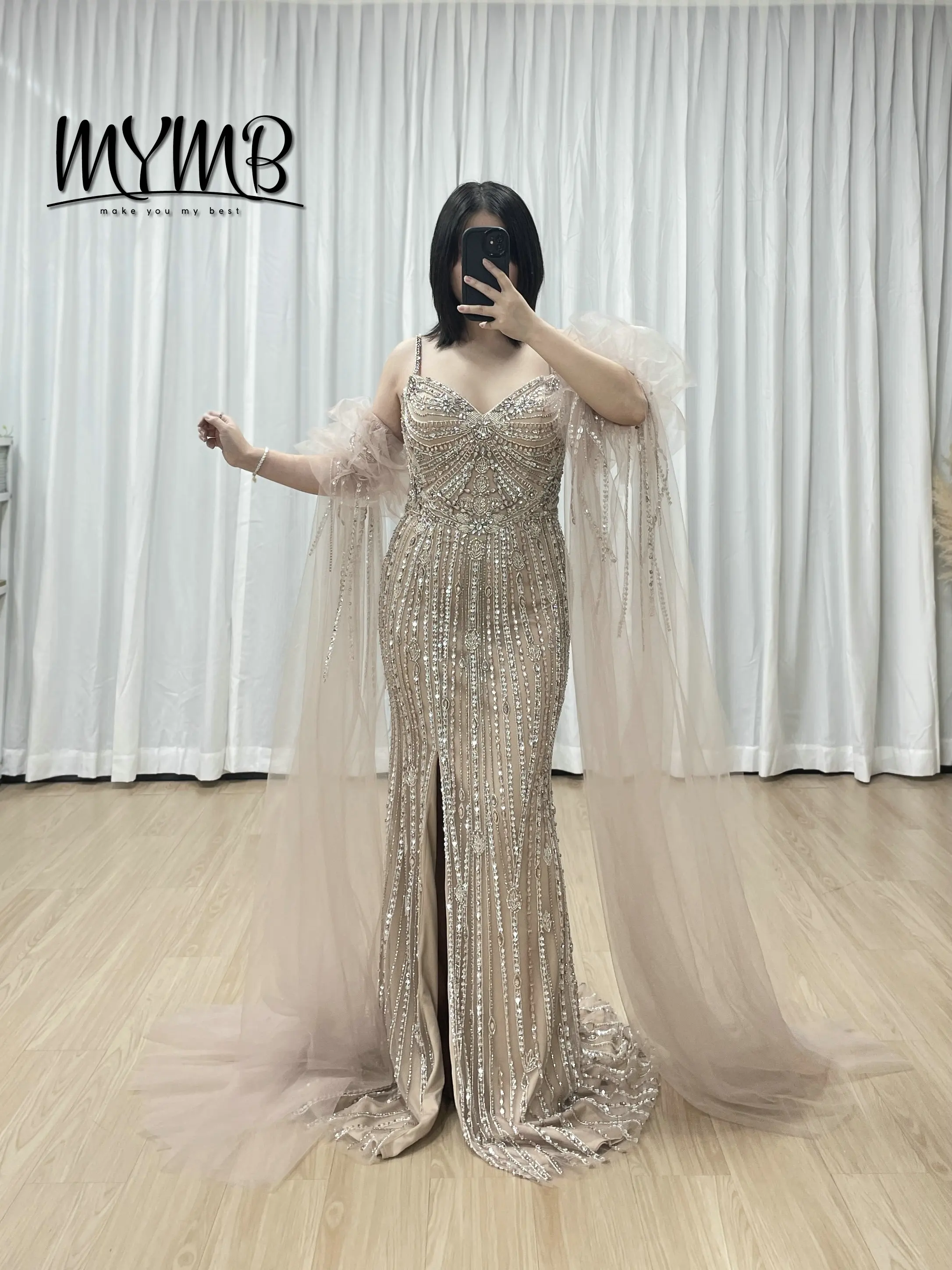 

MYMB Stunning Sexy Mermaid Gown Featuring Glitter Sequins and Flowing Detachable Tulle Ruffle Sleeves for Red Carpet MB40408-2