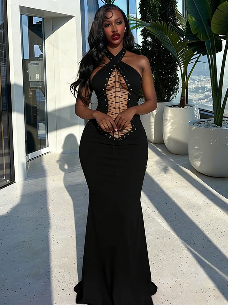 Kliou Sexy Hollow Long Dress Woman Halter Backless Cross Bandage Decoration High Waist Robe Midnight Prom Party Skinny Vestidos