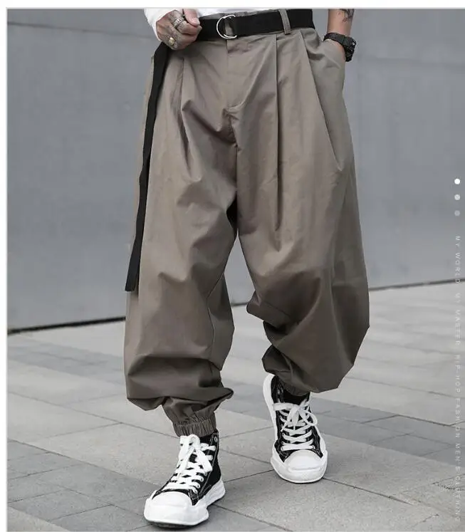 

New hairstylist casual pants men's loose fitting wide leg pants trendy belt Harun pants Japanese street fashion pants