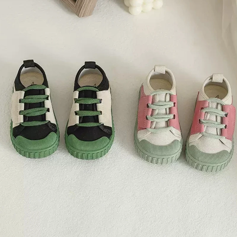 2023 Spring New Style Patch Canvas Shoes With Genuine Leather,Green Pink Soft Rubble Sneakers For Children Boys,Breathable Shoes