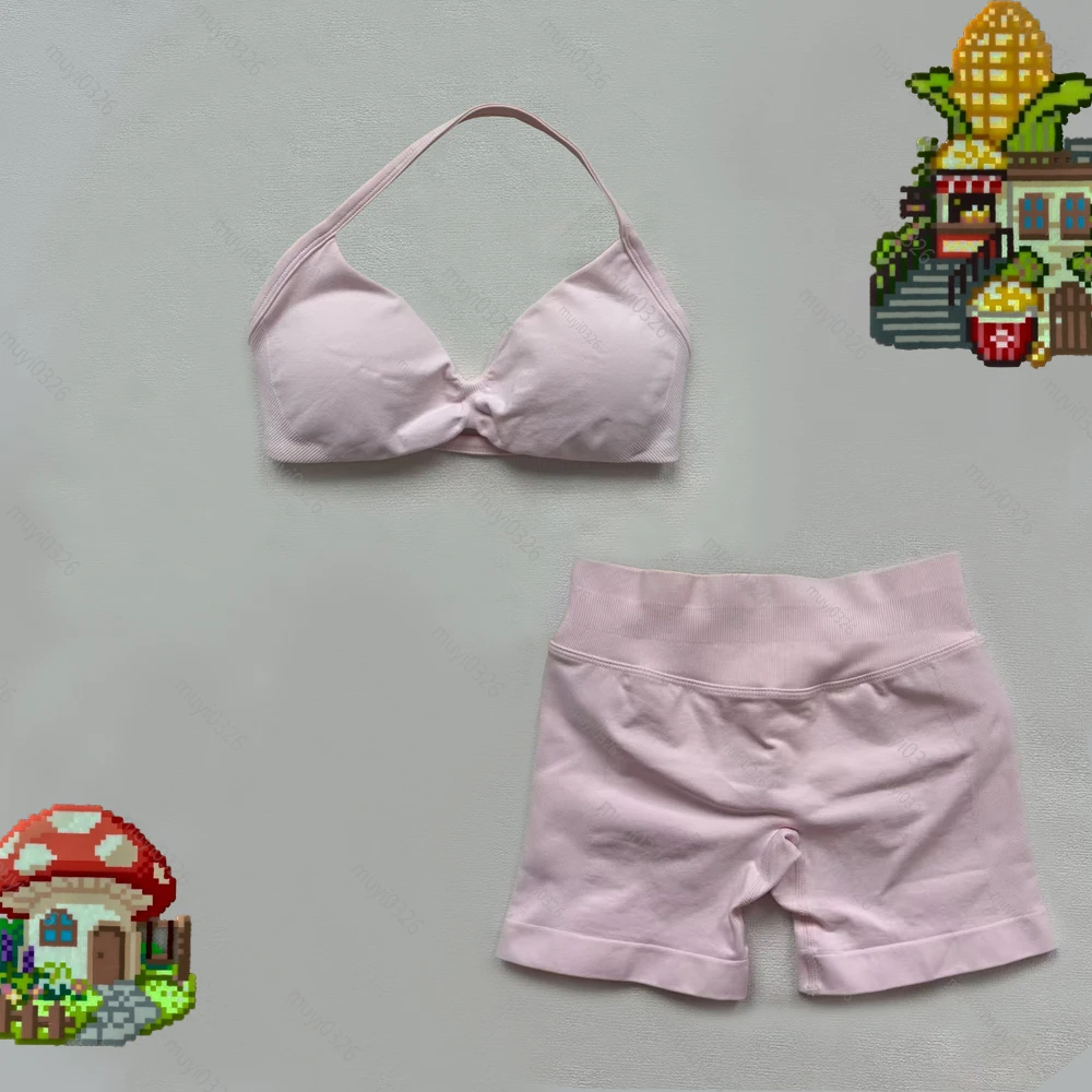 Cream Yellow Pearl Powder Series Summer Bestsellers: Square-Neck Sports Bra & Shorts Set for Women (Yoga & Fitness)