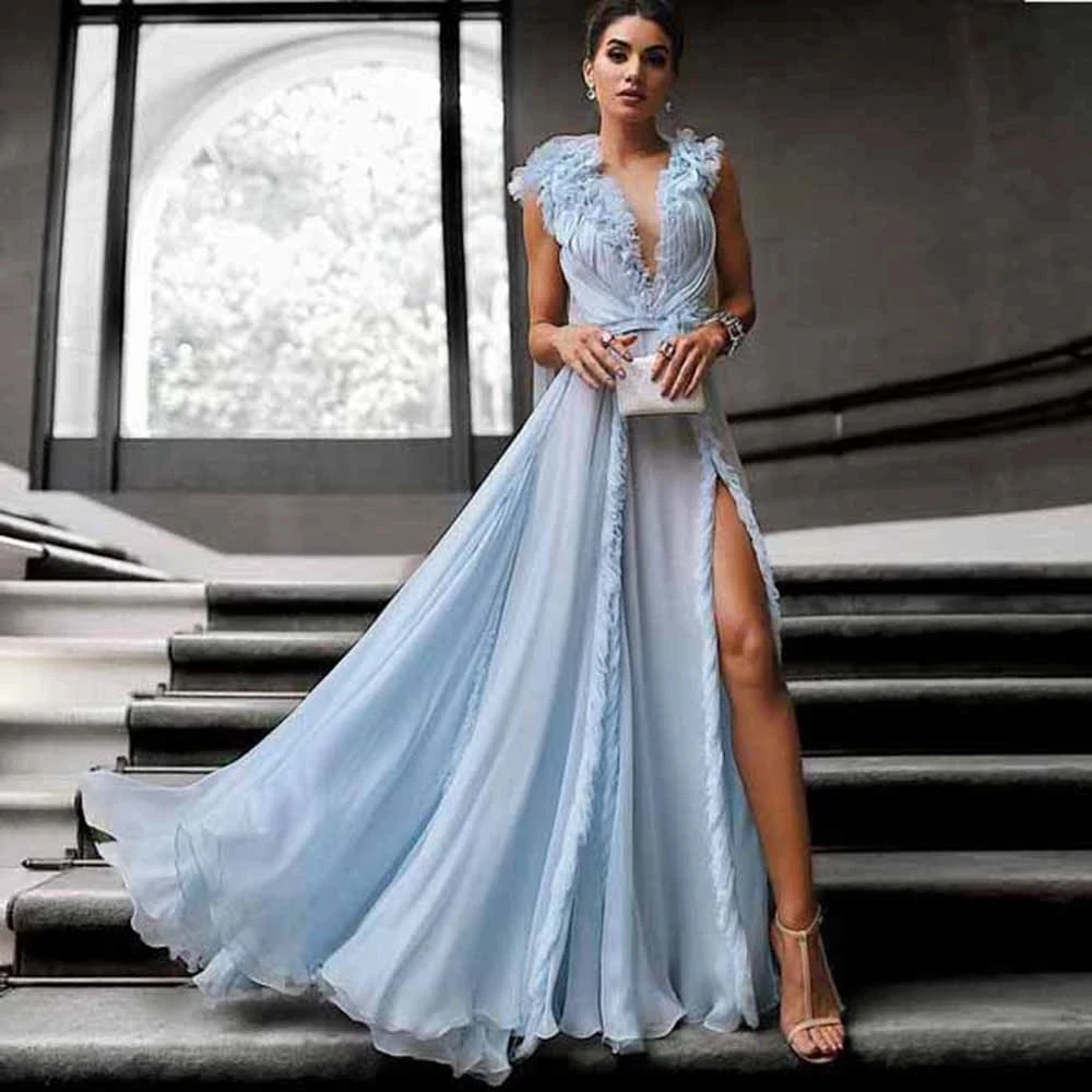 

Angelsbridep 2023 Sky Blue Tulle Long Prom Dresses Ruffles 3D Flower Sexy High Split Prom Gowns A-line Backless Robe De Soiree