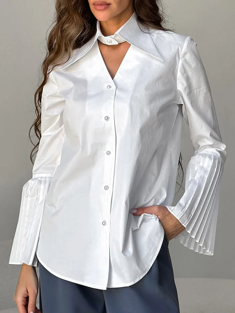 

Modigirl Women Hollow Lapel Blouse Women's Blouses And Shirts Pleated Flared Sleeves Buttoned Irregular Hem Office Casual Tops