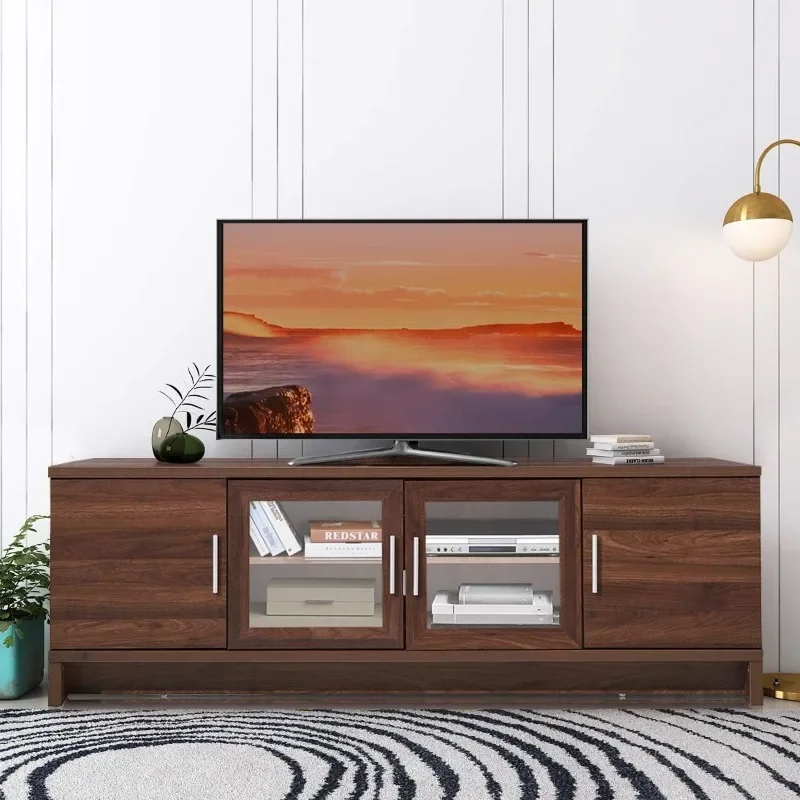 Clássica TV Stand para TVs, armário moderno com gerenciamento de cabos, portas de vidro, prateleira ajustável de 3 posições, até 70 "tela plana