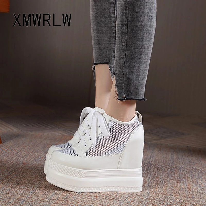 

XMWRLW Women's Spring Summer Shoes Breathable Mesh Black White Sneakers Women Casual Shoes Hidden Heel 12cm Women Platform Shoe