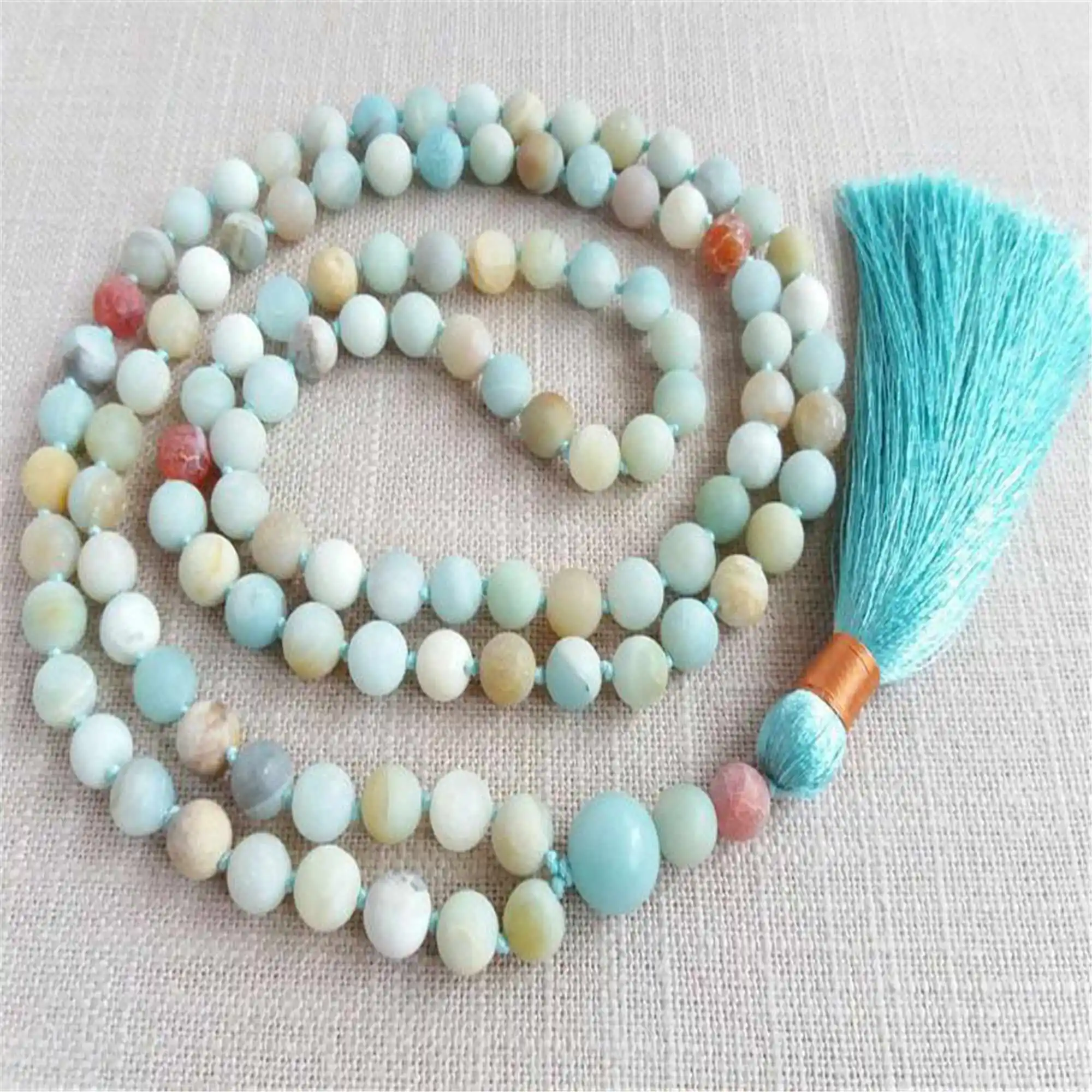 6mm Natural Amazonium 108 Beads Tassel Knot bracelet Spiritual Bohemian Opera length Pendant Zen Choker Relief Gift Yoga  Men