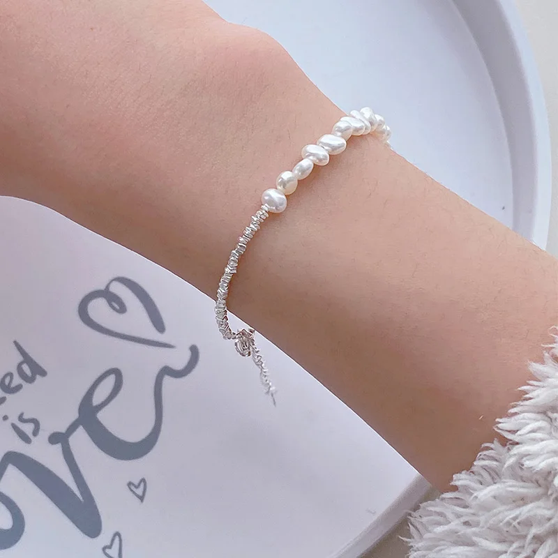 

HENGSHENG Irregular Small 925 Sterling Silver Freshwater 5-6mm White Pearl Baroque Bracelet Fine Jewelry Gift for Women Girls