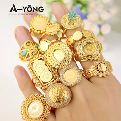 Saudi Gold Color Coins Ring 21k Gold Plated Dubai Simple Cocktail Couples Rings Nigeria Women Bridal Wedding Party Jewelry