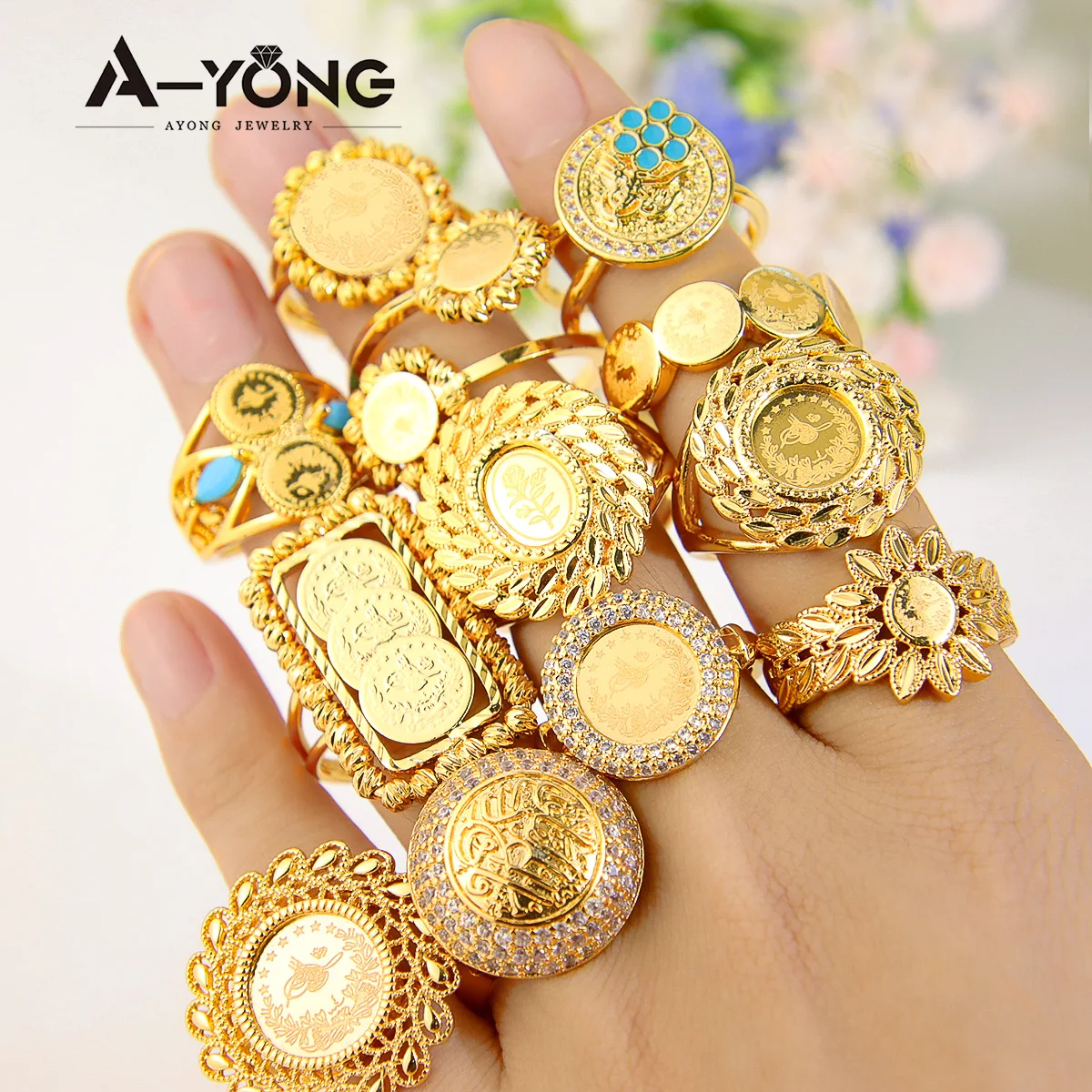 Saudi Gold Color Coins Ring 21k Gold Plated Waterproof Dubai African Women Bridal Luxury Wedding Party Jewelry Gifts