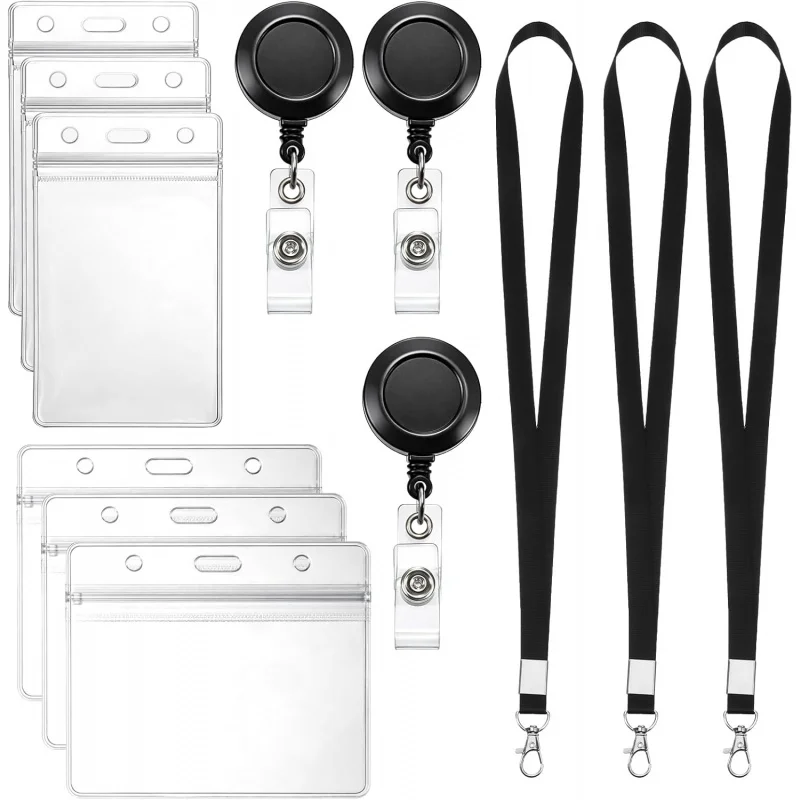 Id Badge Holder Retractable Clip,6 Pack Clear Vertical & Horizontal Card Protectors with 24 Inch Retractable Reel, Black Lanyard