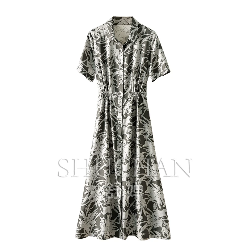

2025 Fashion Commuter, Ark Luxury Silk Twill Waist Print 2025 Shirt Dresses Women New Female 7W42