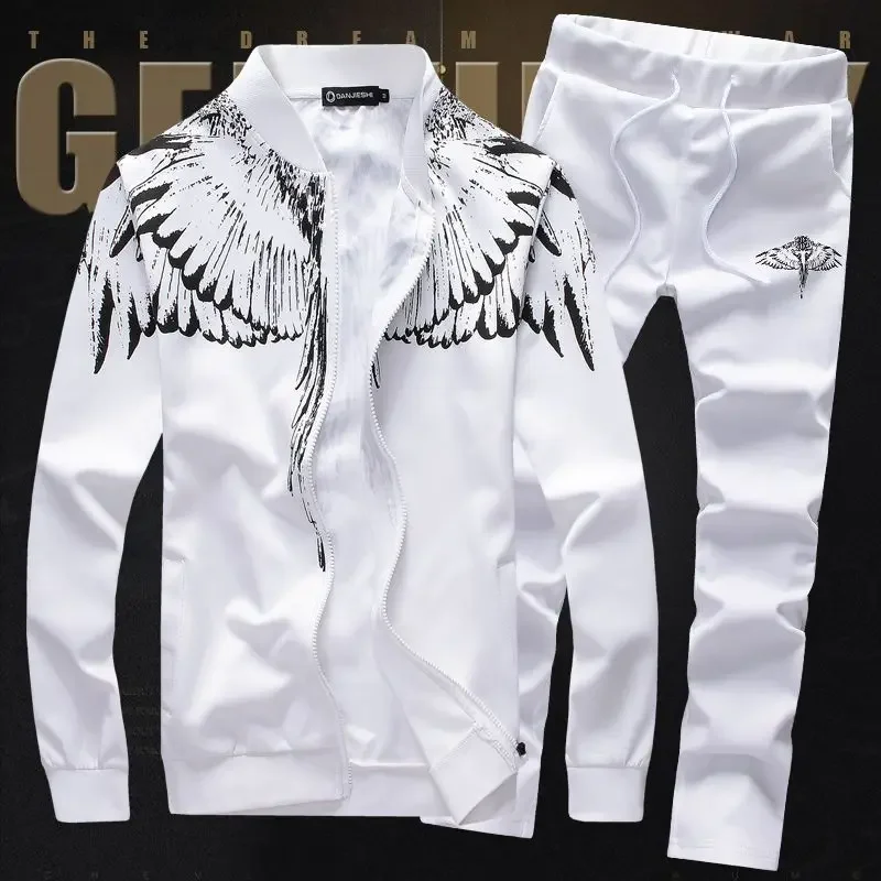 Tracksuit Men Oversized Wings Print Pattern Two Piece Set Clothes for Men Slim Baseball Uniform Sports Casual Zipper Sweatpants