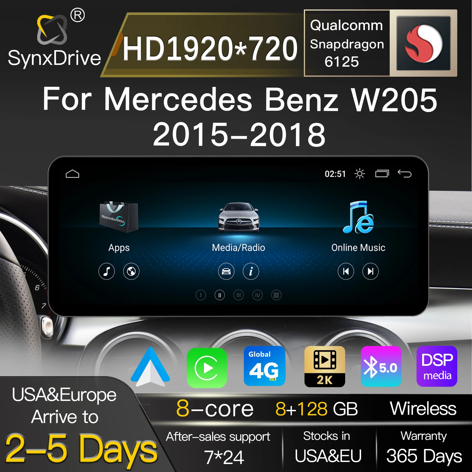 Écran tactile Android 14 de 10.25 pouces pour Mercedes Benz classe C W205 S205 2015-2018 NTG5.0, lecteur multimédia pour voiture, Carplay sans fil, Android auto, Navigation 4G, WiFi, BT, GPS