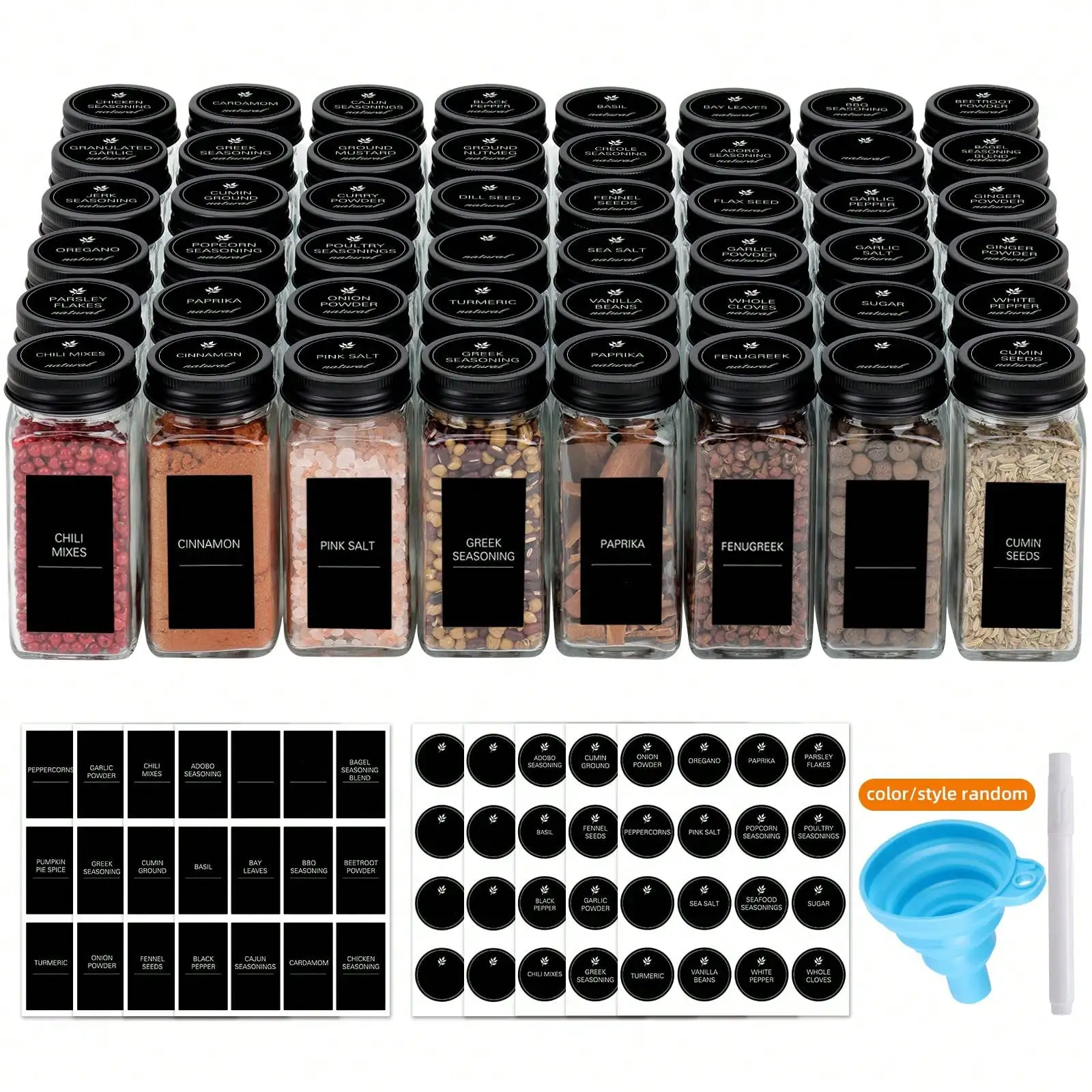 برطمانات توابل زجاجية سعة 12 قطعة سعة 4 أونصة مع ملصقات - أغطية/قمع، لتخزين المؤن/الخزانة