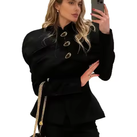 TWOTWINSTYLE Black Luxurious Coat for Women V Neck Long Sleeve Patchwork Buttons Tunic Cape Style Short Jacket Female Autumn New