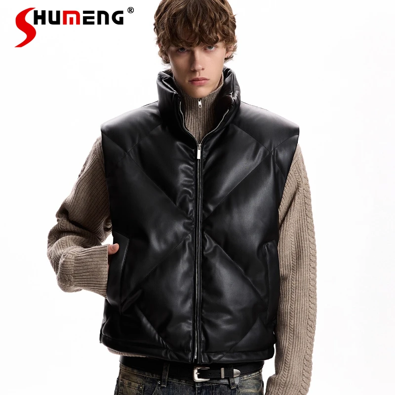النمط الأمريكي الرجعية بولي سترات سترات جلدية الرجال النساء 2025 الخريف موضة جديدة تنوعا الدافئة سترات سترة بلا أكمام وسيم تانك القمم #1