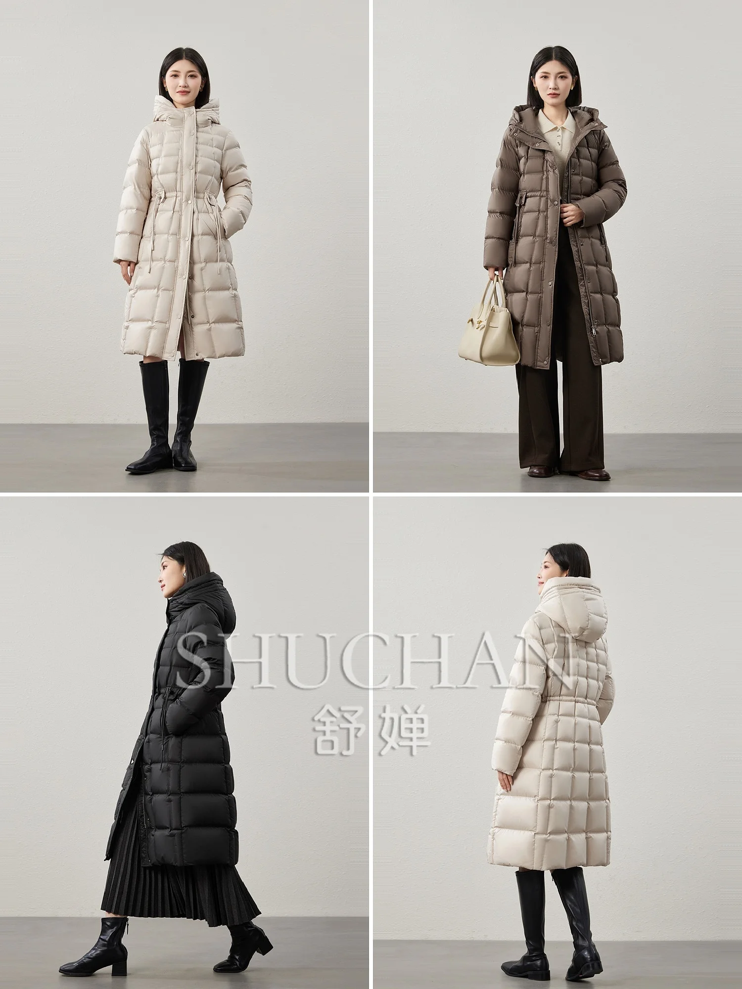 [Break the impression of bloated down] Light and warm 90 white duck down, pressure glue quilted drawstring waist hooded down jac