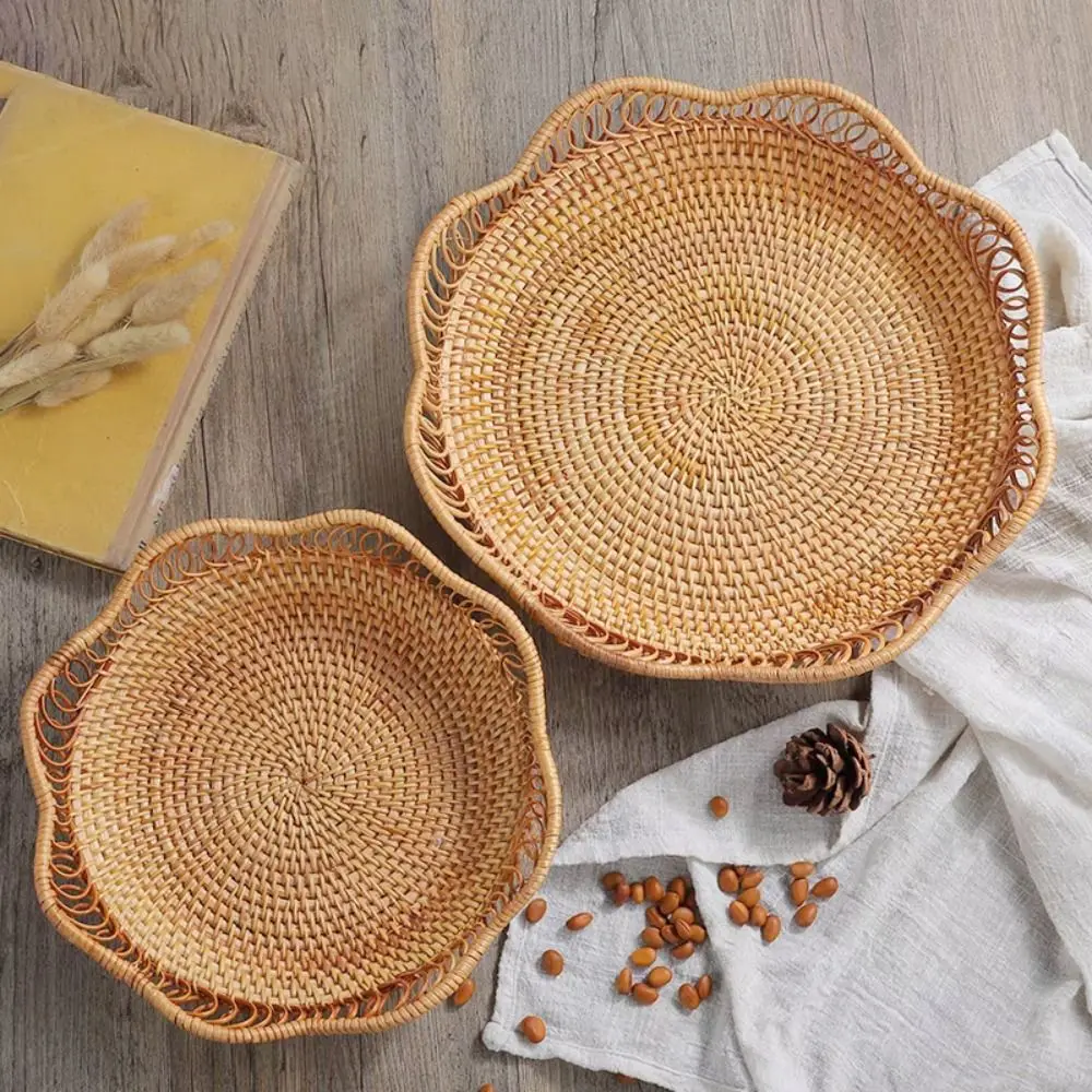 

Durable Fruit Storage Basket New Food Plate Environmental Protection Storage Tray Reuse Round Shape Handwoven Rattan Basket