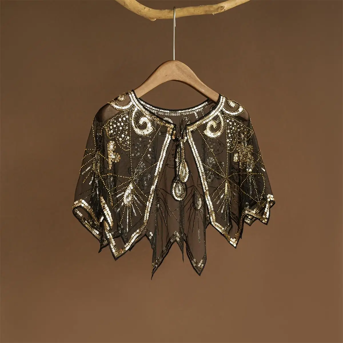 1920er Jahre Transparenter Spitzen-Flapper-Schal Eleganter Vintage Glitzernder Perlen-Pailletten-Umhang Boho Abendkleid Damen-Oberbekleidung Schal – Detail 5