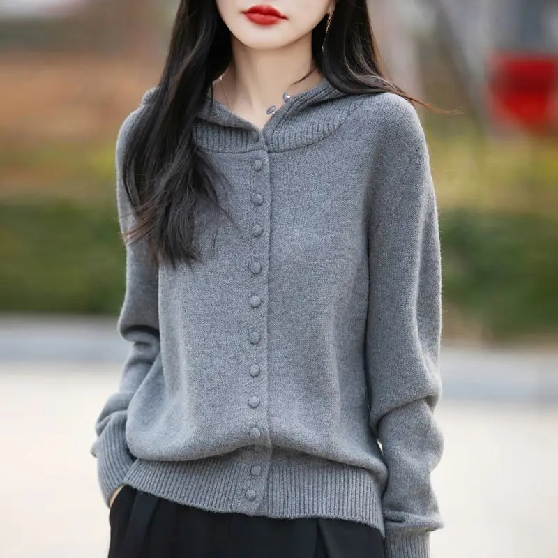 

Женская одежда, утепленный однотонный свитер с капюшоном, куртка для женщин, осень-зима, повседневный свободный мягкий теплый вязаный кардиган, топ