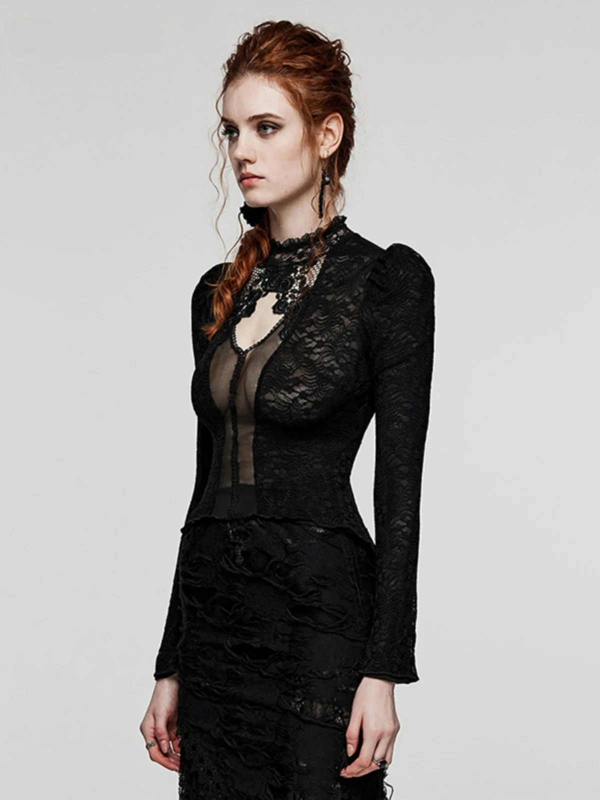 

Gothic Pure Desire Deep V Lace T-Shirt Hollow out Long Sleeve Slim Fit Base Shirt Beautiful And Stylish Underwear Top