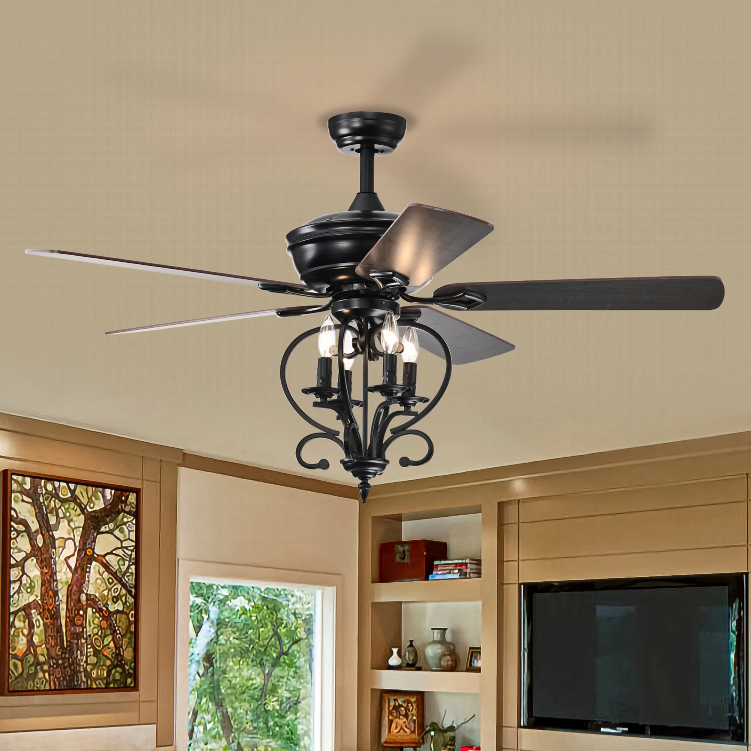 52 inch 4 Lights Ceiling Fan with 5 Wood Blades, Two-color fan blade, AC Motor, Remote Control, Reversible Airflow, 3-Speed, Adj