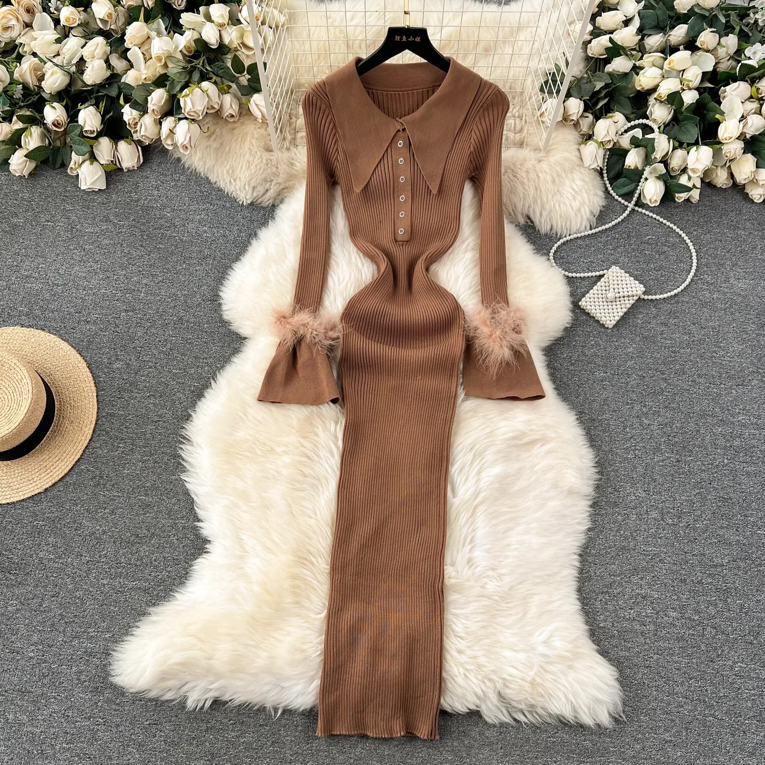 YuooMuoo Elegantes, figurbetontes Maxikleid 2025, Herbst-Winter-Pelz, lange Ärmel, schlankes, elastisches Strickpullover-Kleid, Schwarz, Geburtstag, Vestido