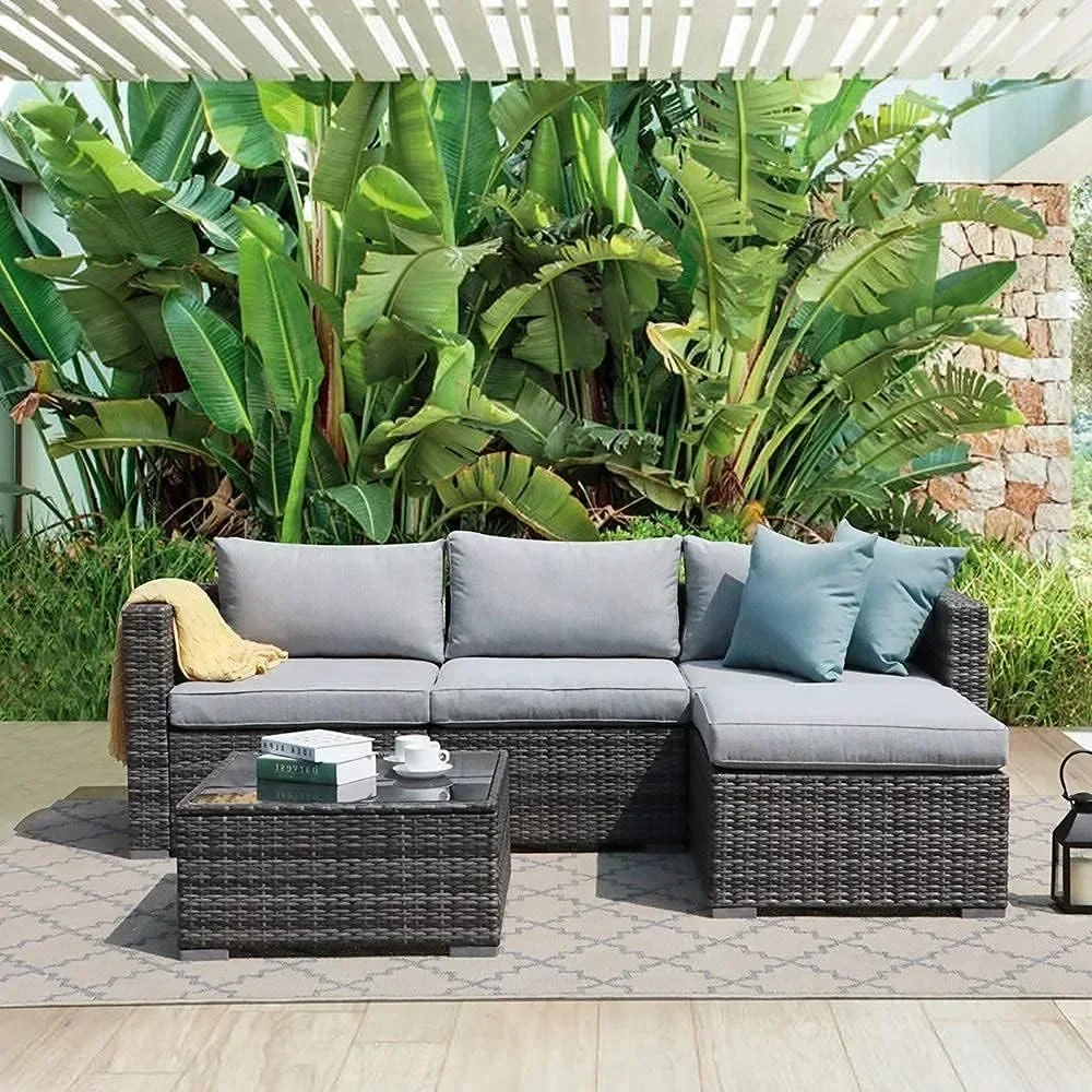 

Garden Sofas, Sectional Conversation All-Weather Grey PE Wicker w/Light Cushions, Backyard Porch Garden Poolside Balcony Set