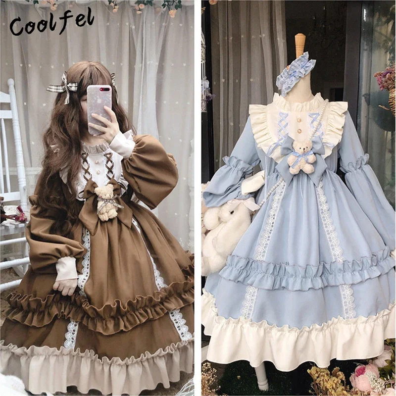 Coalfell-vestido de renda estilo lolita kawaii feminino, traje bonito, feminino japonês, vestido médio doce, tamanho único