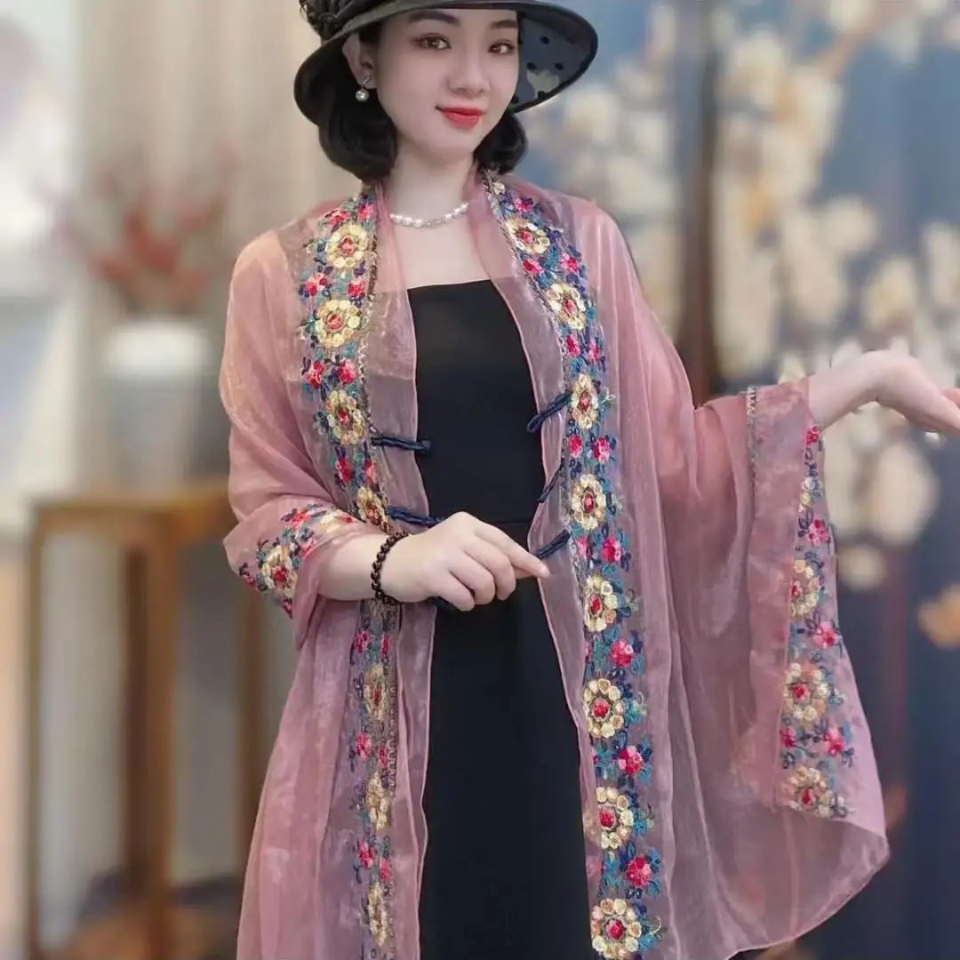 New glazed yarn embroidery shawl women's fashion foreign style sunshade sunscreen photo silk scarf with cape