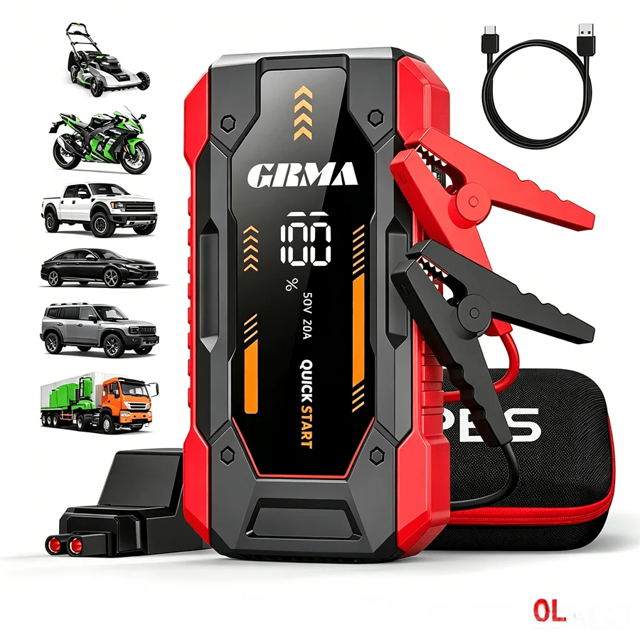 Multi‑Functional Emergency Jump Starter, Portable Car Battery Starter with Digital Display, LED Emergency Light, Car Emergency Tool for Gasoline & Diesel Engines