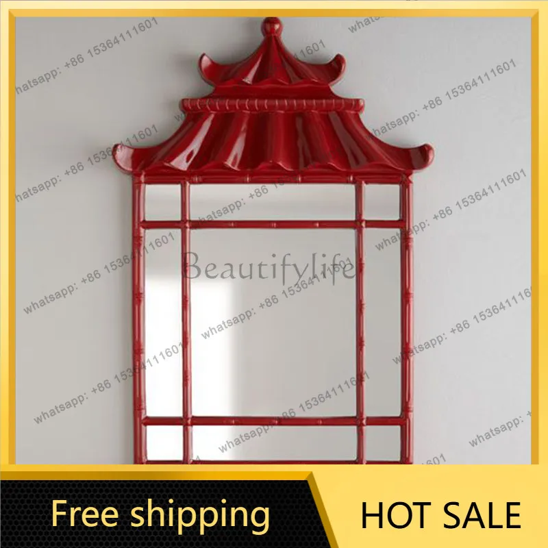 LS Vintage Wall-Mounted Entrance Mirror, New Chinese Architectural Style Living Room Wall-Mounted Decorative Mirror Custom