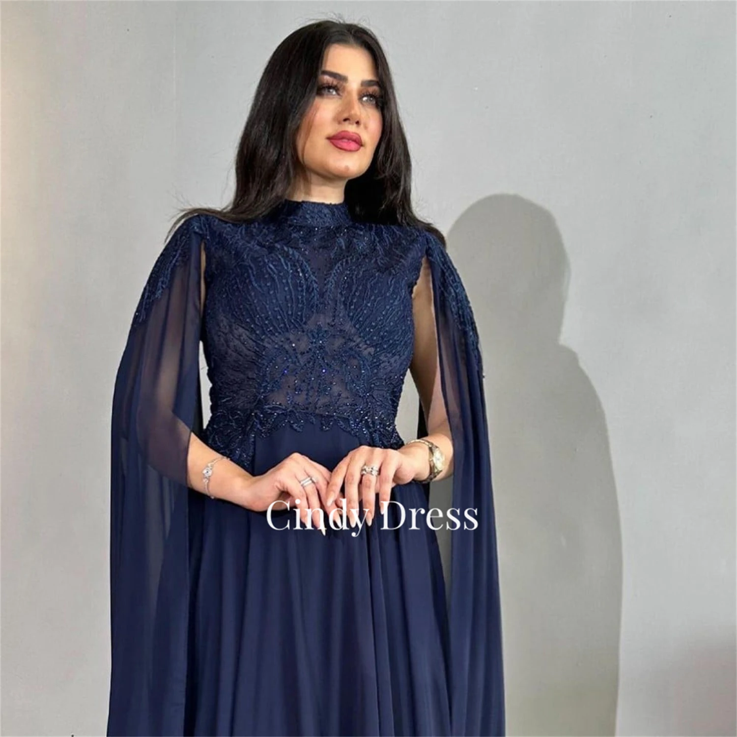 

Cindy Evening Dress Bead Embroidery Decoration Eid Luxurious Line A Navy Blue Gown Prom Cocktail of Dresses Party Woman Long