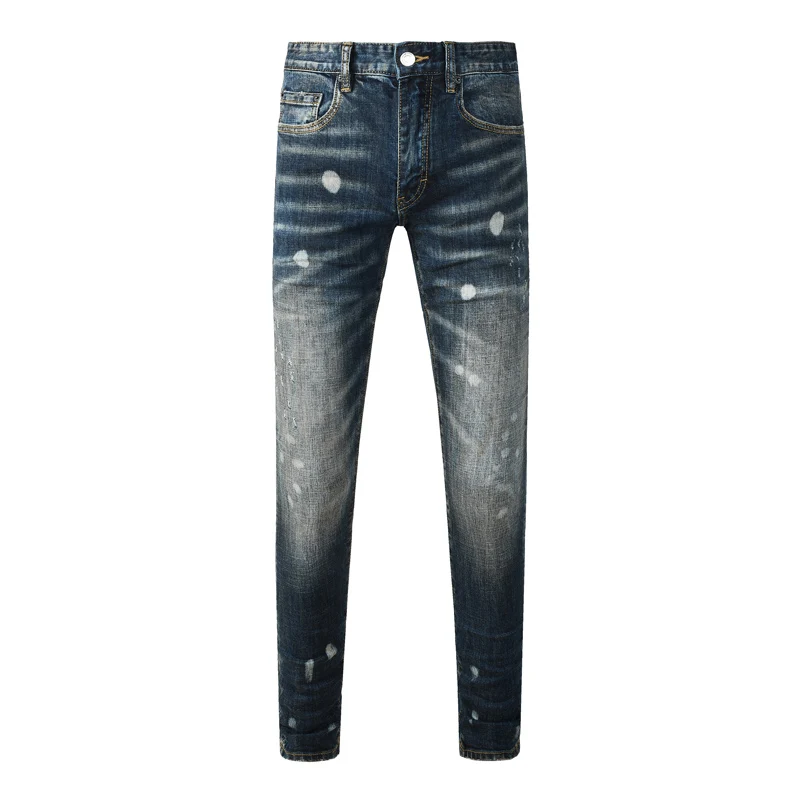 Blue Men Gradient Washed Ripped Skinny Jeans Paint Splatter Distressed Stretch Slim Denim Casual Pants