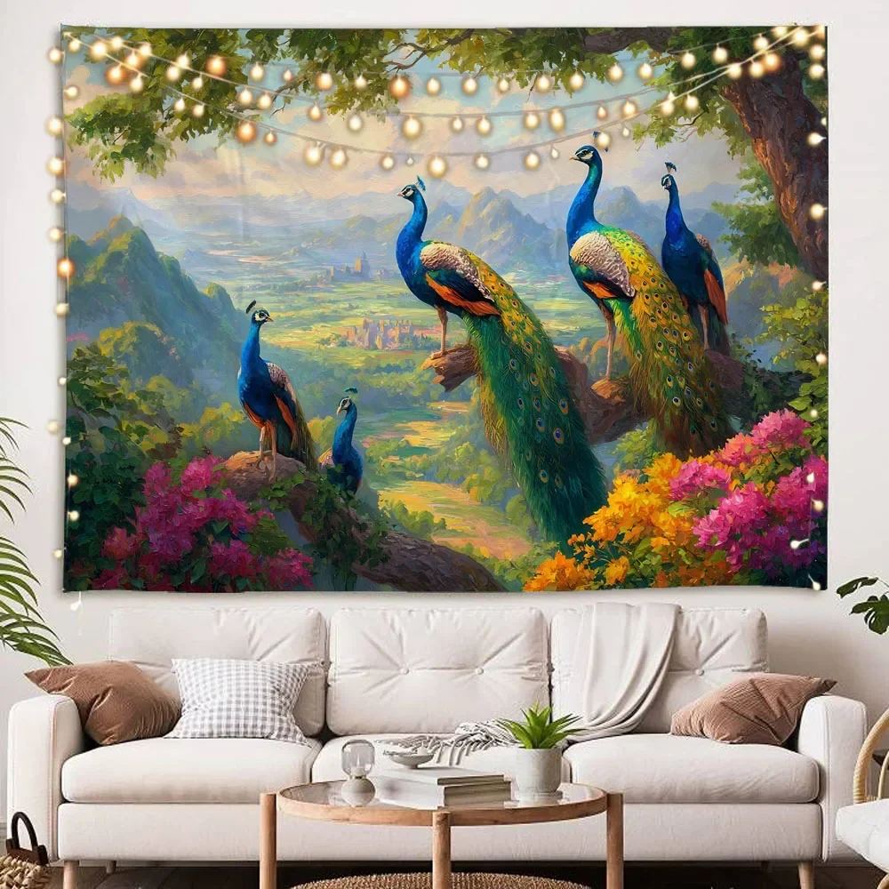 Vintage Jungle Flower Tapestry Elegant Peacock Wall Decor Waterfall Pattern Background Poster Home Aesthetics Enhancer
