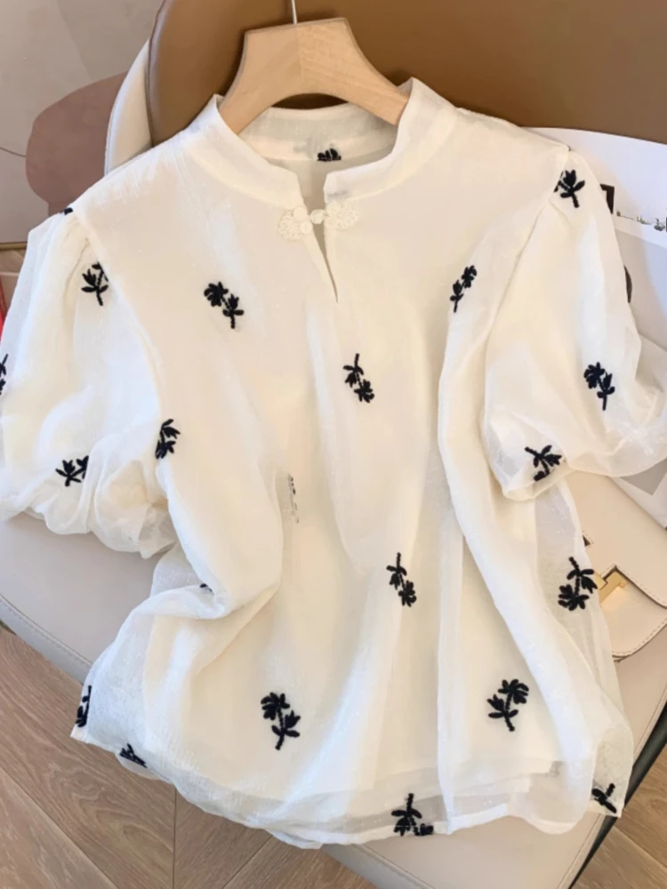 

Fashion Vintage Blouses Flower Embroidery Stand Neck Puff Sleeve Shirts Summer All Match Tops Chinese Style 2025 Women Clothing
