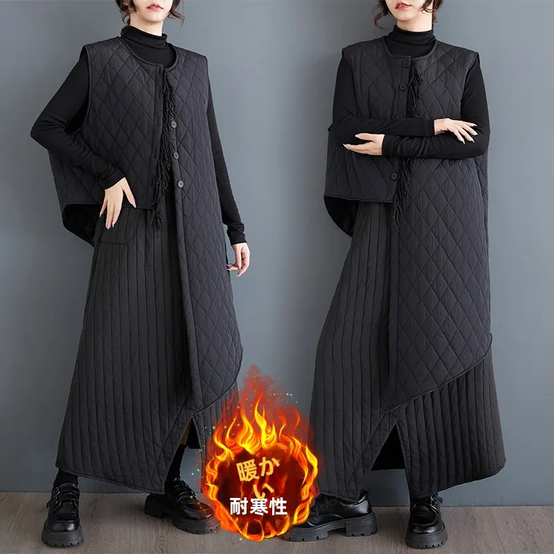 

High Waist Asymmetrical Cotton Jaet Vest k Color Vintage Sle Women's Faion Set Autumn Winter New Arrival